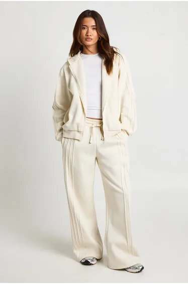 Side Pleat Detail Wide Leg Hoodie Tracksuit - Cream