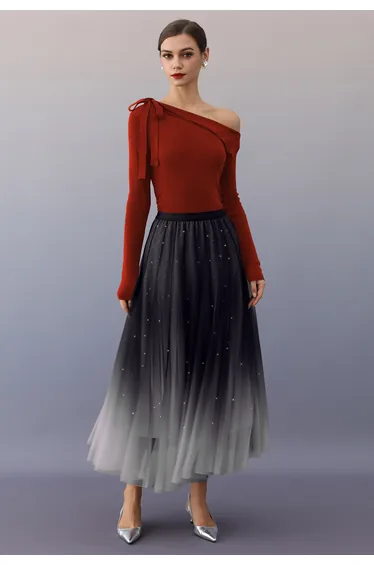 Self-Tie Bow Slant Shoulder Knit Top in Red