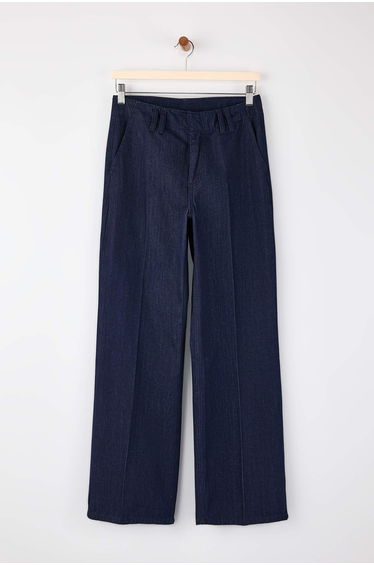 Dark Blue Rib Detailed High Waist Wide Leg Jeans