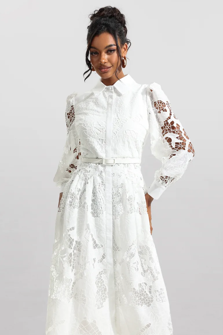 Franoise Lace Midi Dress With Belt in White JardinVue : Premium Dresses :  VogaCloset Oman