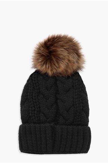 Cable Knit Faux Fur Pom Beanie - black