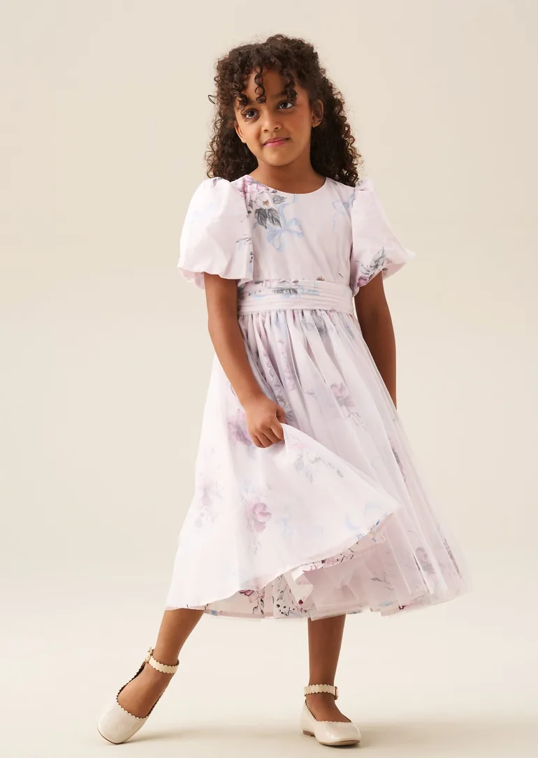 Rose Tulle Overlay Floral Print Dress