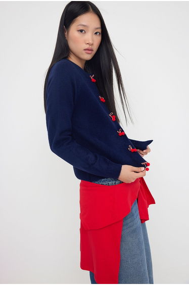 Navy Blue Crew Neck Cherry Accessory Detailed Knitwear Cardigan