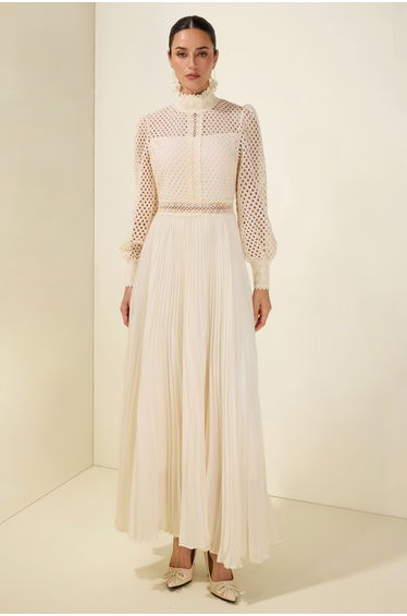 Embroidered Pleat Long Sleeve Maxi Dress