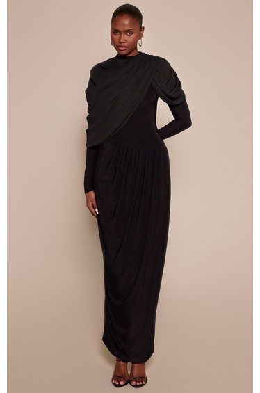 Black Overlay Detail Long Sleeve Maxi Dress