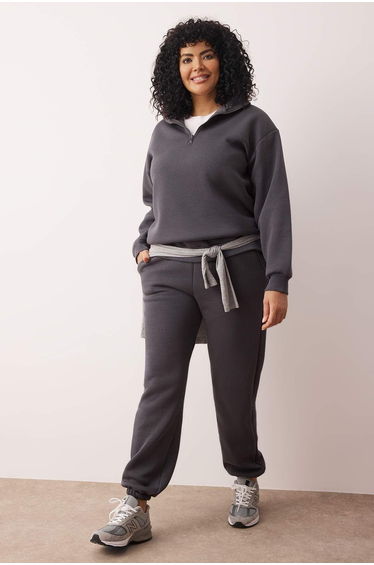 Anthracite Thick Fleece Lined Zippered Stand-up Collar Jogger Knitted Tracksuit Set