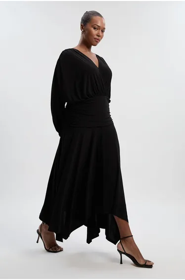 Plus Size Stretch Drapey Crepe Ruched Plunge Neck Batwing Sleeve Maxi Dress
