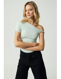 GRIMELANGE BURENTY Women's Asymmetric Collar Slim Short Sleeve Mint Green Blouse - 2