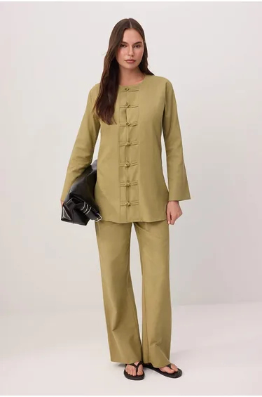 Light Mint Oversized Linen Blended Plain Woven Hijab Bottom - Top Set