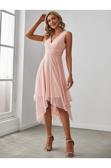 ever ELORA|V Neck Ruched Asymmetrical Hems Midi Chiffon Dress