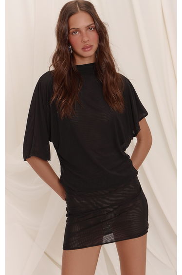 Black Mesh Draped Sleeve Bodycon Dress