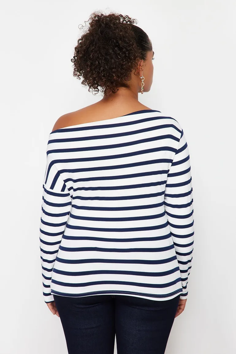 Navy Blue Boat Neck Striped Soft Fabric Knitted Blouse - 5