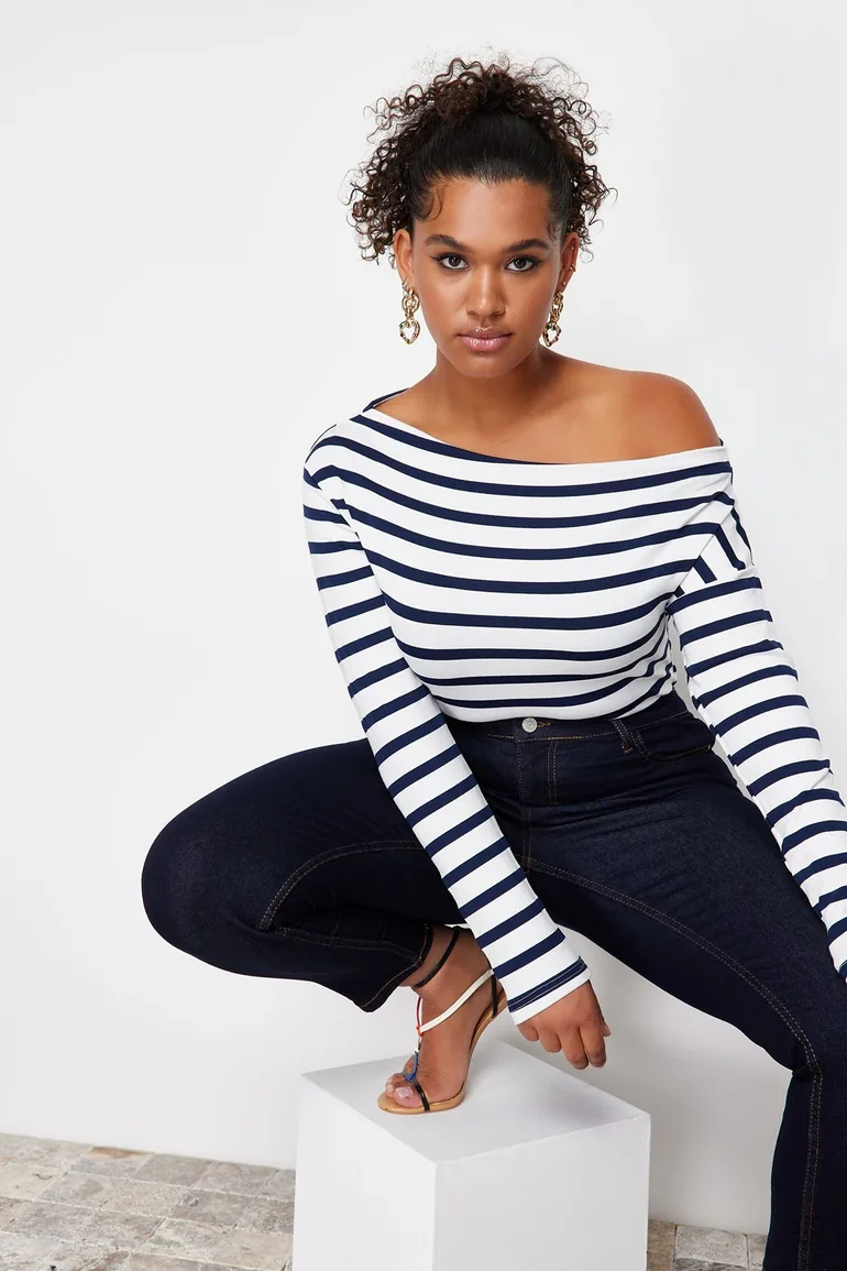 Navy Blue Boat Neck Striped Soft Fabric Knitted Blouse - 1