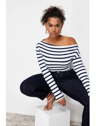 Navy Blue Boat Neck Striped Soft Fabric Knitted Blouse - 1