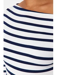 Navy Blue Boat Neck Striped Soft Fabric Knitted Blouse - 3
