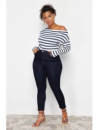 Navy Blue Boat Neck Striped Soft Fabric Knitted Blouse