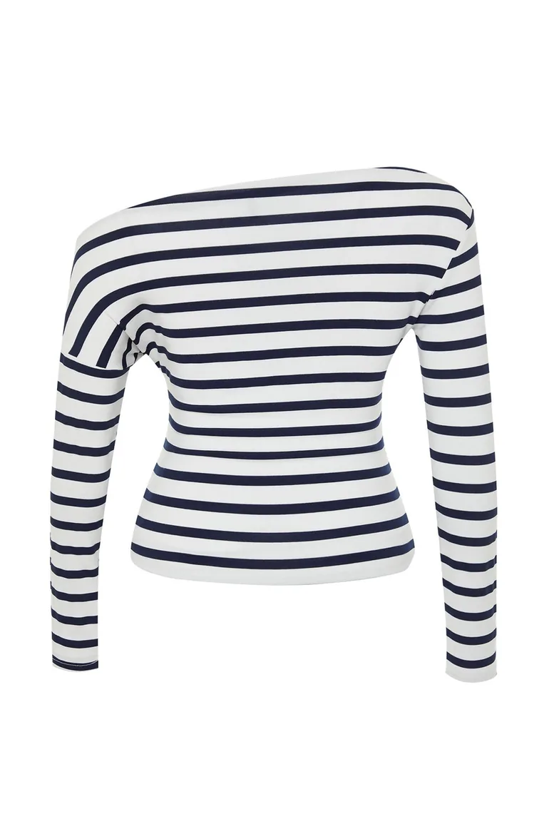 Navy Blue Boat Neck Striped Soft Fabric Knitted Blouse - 7