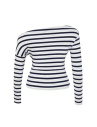 Navy Blue Boat Neck Striped Soft Fabric Knitted Blouse - 7