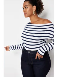 Navy Blue Boat Neck Striped Soft Fabric Knitted Blouse - 4