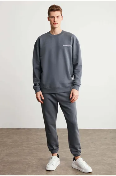 GRIMELANGE DARRIT Men's Organic Fabric Fleece-Lined Embroidered Jogger Dark Gray Sweatpants