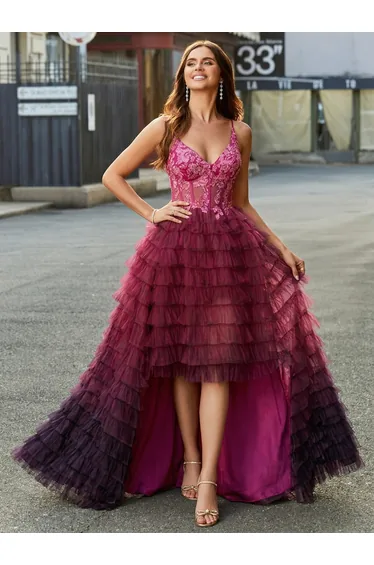 فستان ليلي شيفون زهري طول الأرض على شكل حرف A