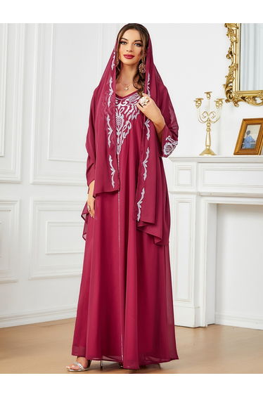Women Embroidered V Neck Jalabiya with Hijab