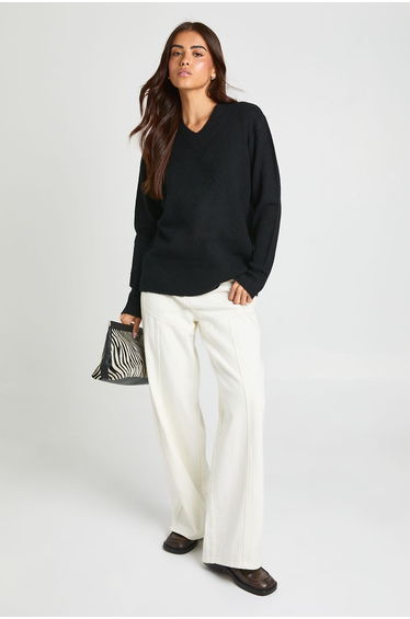 Soft Knit V Neck Jumper - black