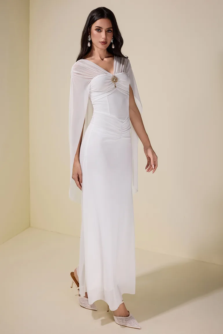 Mesh Cape Sleeve Metal Decorations Maxi Dress - 4