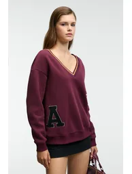 GRIMELANGE DIVINE Women's V-Neck Embroidered and Patch Detailed Burgundy Sweatshirt - 3