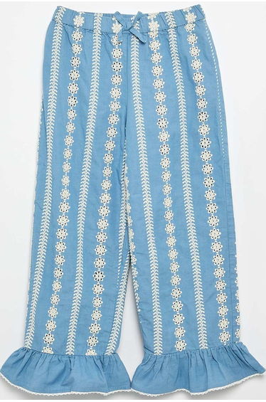 Wide-leg pants with broderie anglaise BLUE