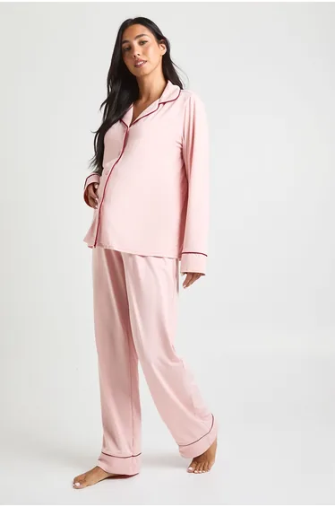 Maternity Piping Detail Long Sleeve Shirt & Trouser Pyjama Set - pink