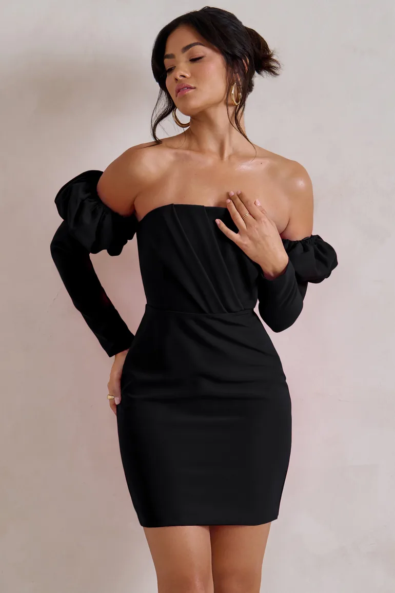 Shop Laurie | Black Bardot Puff Long Sleeve Mini Dress Online in Oman Shop Laurie | Black Bardot Puff Long Sleeve Mini Dress Online in Oman