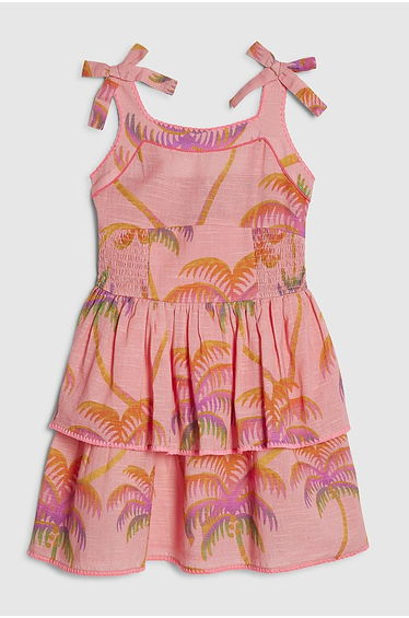 Girls Orange Palm Print Bow Dress