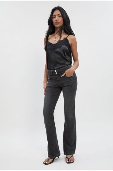 Low Waist Double Button Flared Jean - washed black