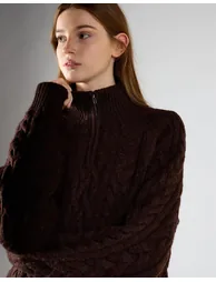 Dark Brown Marl Cable Knit Quarter Zip Jumper - 2