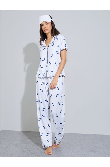 Blue Heart Print Shirt and Pyjama Set