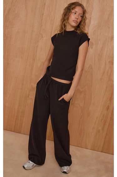 Black Rib Knit Straight Leg Trouser