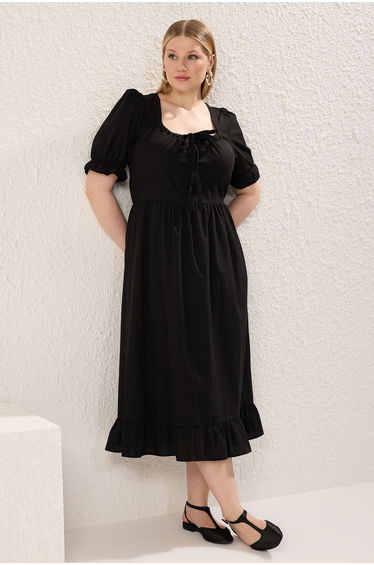 Black Square Collar Back Tie Detail Weaving Plus Size Dress