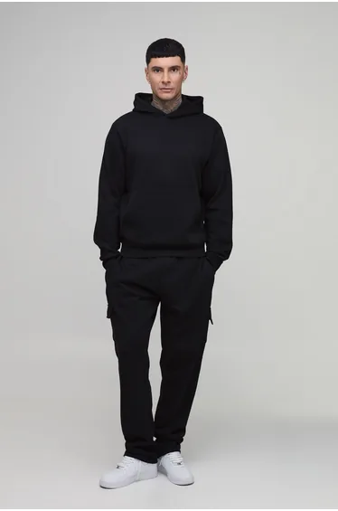 Tall Boxy Hooded Cargo Tracksuit - black