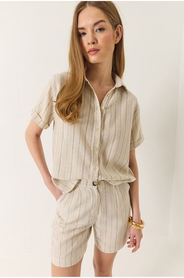 Women's Linen Striped Shorts Shirt Set