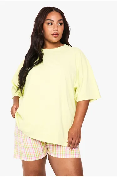 تيشيرت بوهو أصفر بأكمام متوسطة الطول - للمقاسات الكبيرة