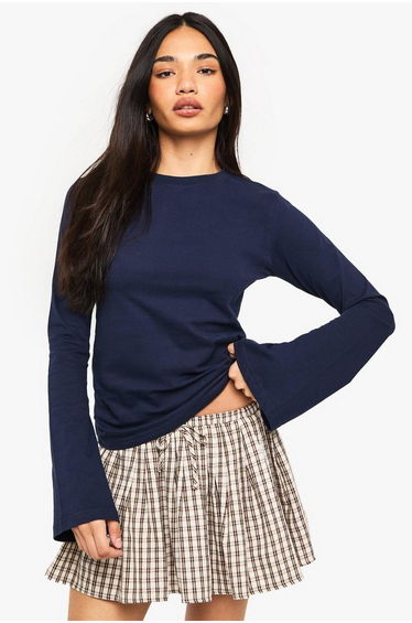 Cotton Flare Sleeve Top - navy