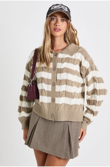 Stripe Collared Knit Cardigan - taupe