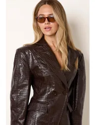 PU Leather Croc Shoulder Pad Blazer - 1