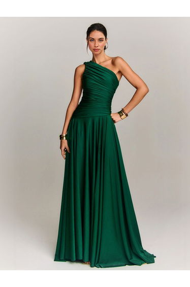 Elegant Draped One Shoulder Cocktail Maxi Dress