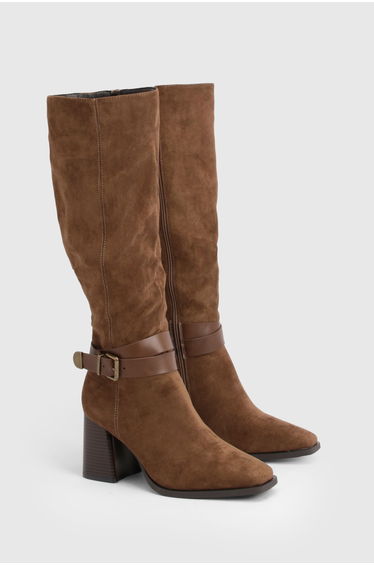 Faux Suede Buckle Detail Block Heel Knee High Boots - brown