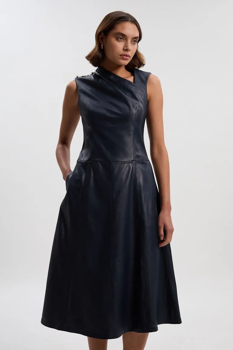 Leather Asymmetric Neck Full Skirt Midi Dress