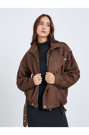 Women Oversized Suede Look Belted Jacket