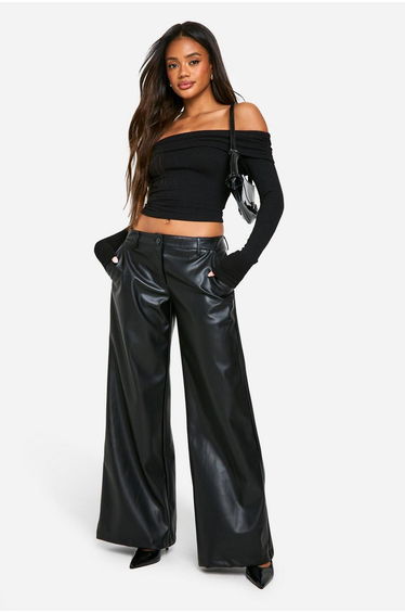 Low Rise Pu Wide Leg Trouser - black