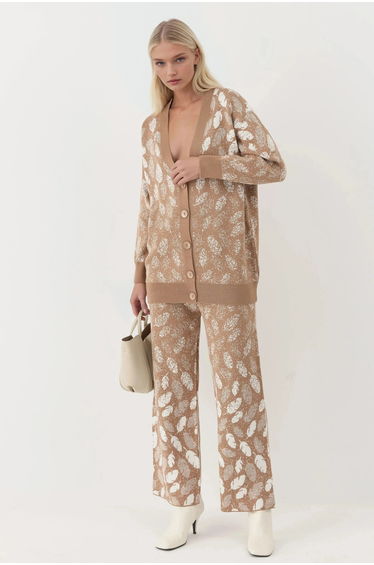 MY FASHION V-Neck Jacquard Knit Cardigan and Wide Leg Pants Set
